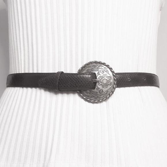 Serp Skinny Snake Skin Belt Womens XSmall Waist Darkest Brown 1993 Buckle Added - Picture 1 of 11